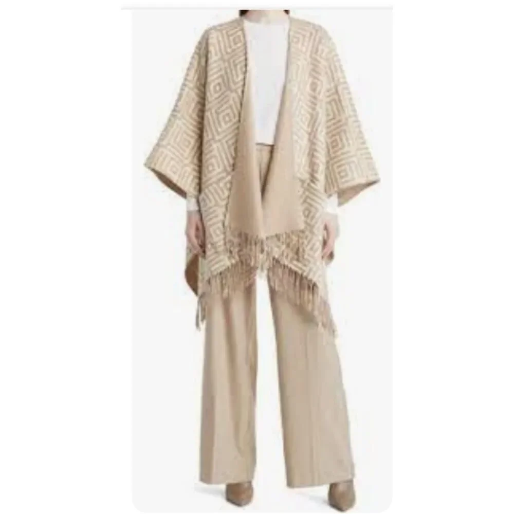 New Nordstrom Reversible Wool & Cashmere Ruana Poncho Beige One Size